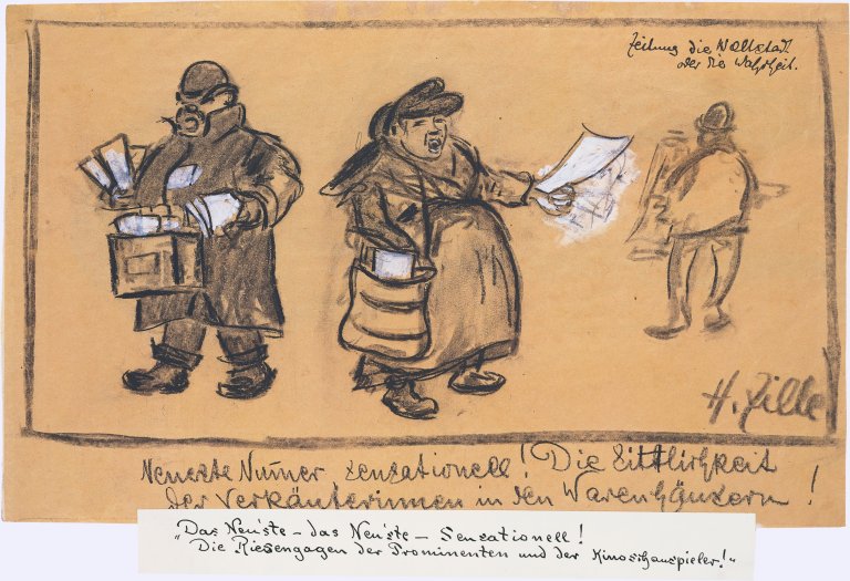 Auf diesem Bild ist das folgende Kunstwerk zu sehen: Heinrich Zille. „Zeitung die Weltstadt oder die Wahrheit“. 1920er-Jahre.