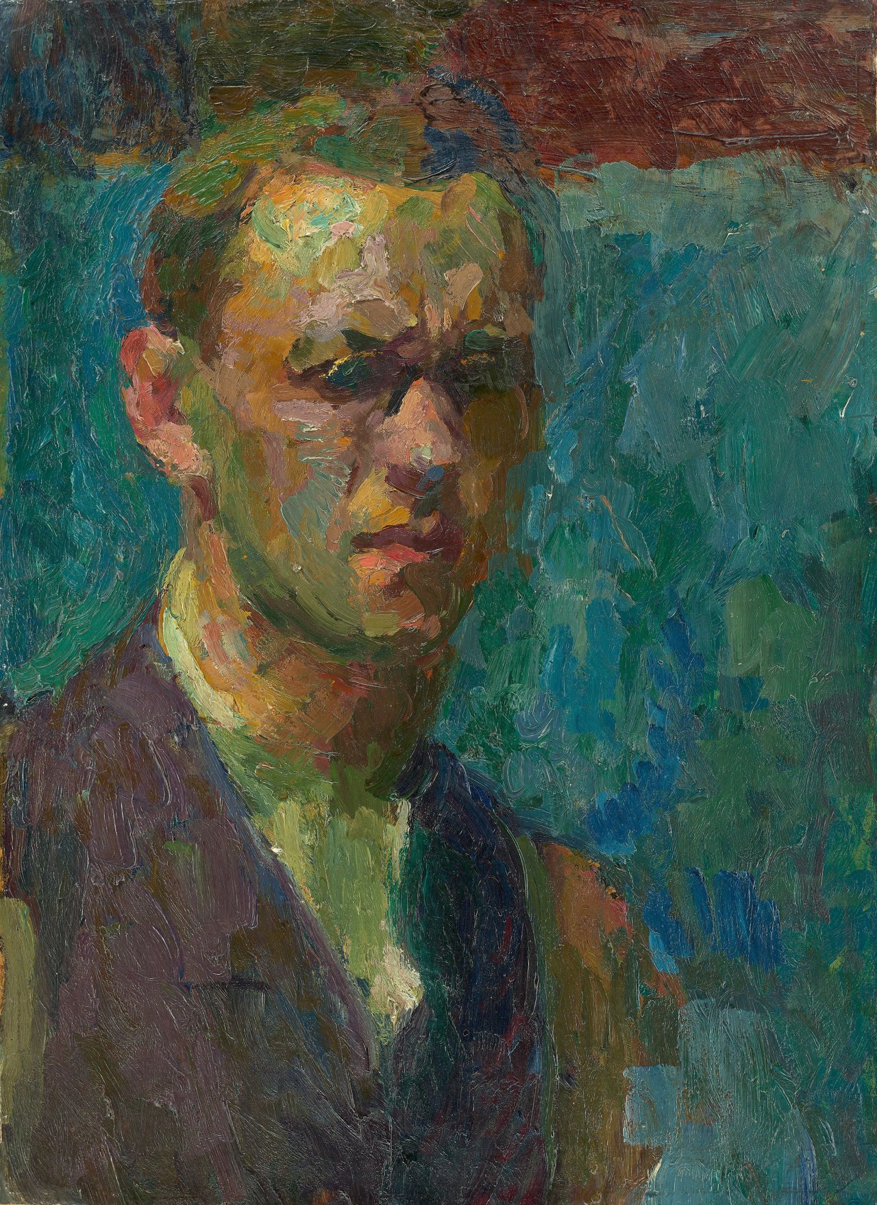Auf diesem Bild ist das folgende Kunstwerk zu sehen: Franz Nölken. „Selbstbildnis mit Brille, nach rechts“. Um 1908.