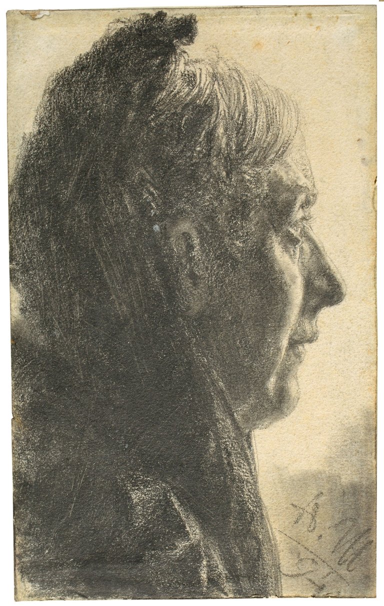 Auf diesem Bild ist das folgende Kunstwerk zu sehen: Adolph Menzel. Frau mit Mantille im Profil nach rechts. 1894.