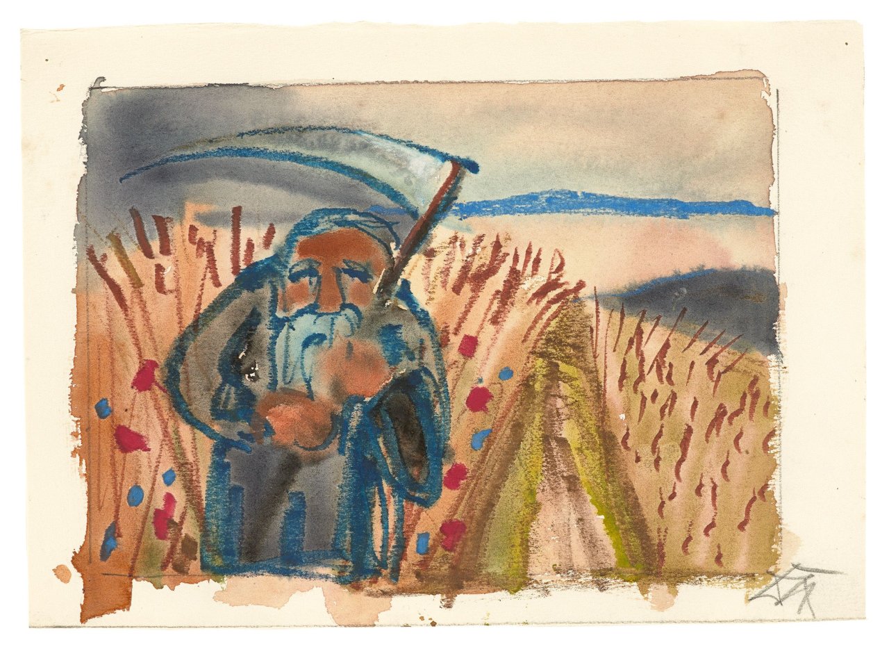 Auf diesem Bild ist das folgende Kunstwerk zu sehen: Otto Dix. Greis mit Sense. 1950er Jahre.