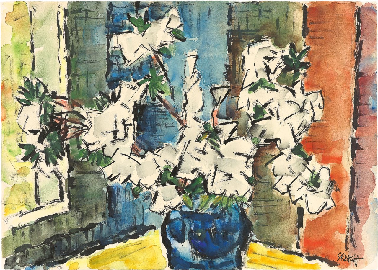 Auf diesem Bild ist das folgende Kunstwerk zu sehen: Karl Schmidt-Rottluff. „Weisse Azaleen“. 1967.