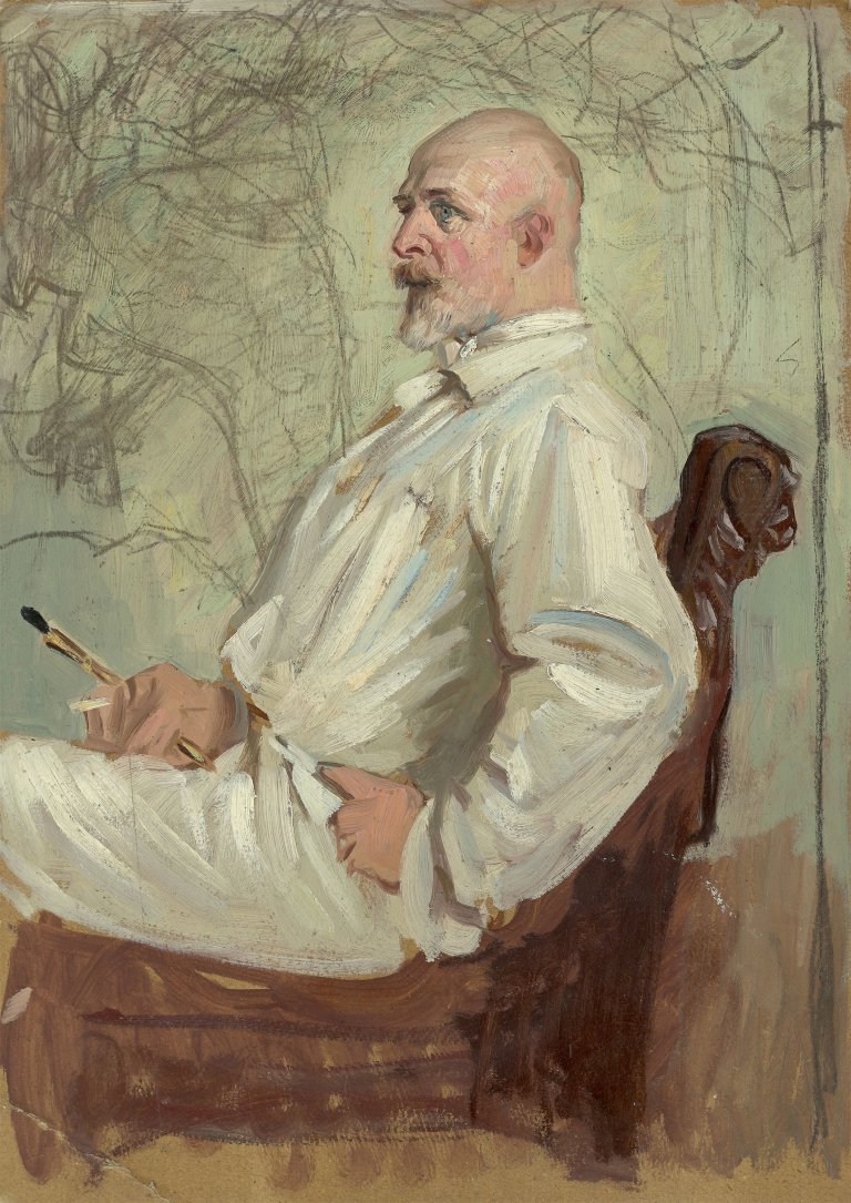 Auf diesem Bild ist das folgende Kunstwerk zu sehen: Osmar Schindler. Porträtstudie Hermann Prell in seinem Atelier. 1912.