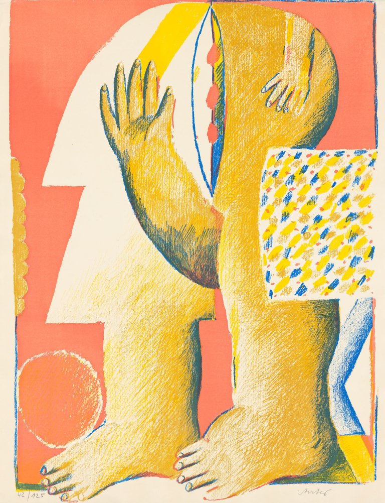 Auf diesem Bild ist das folgende Kunstwerk zu sehen: Horst Antes. „Maskierte Figur vor Rot“. 1965.