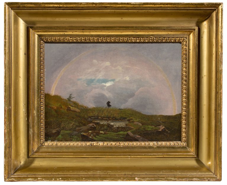 Auf diesem Bild ist das folgende Kunstwerk zu sehen:  Dresden, um 1820. Stürmische Landschaft mit Mann und Regenbogen.