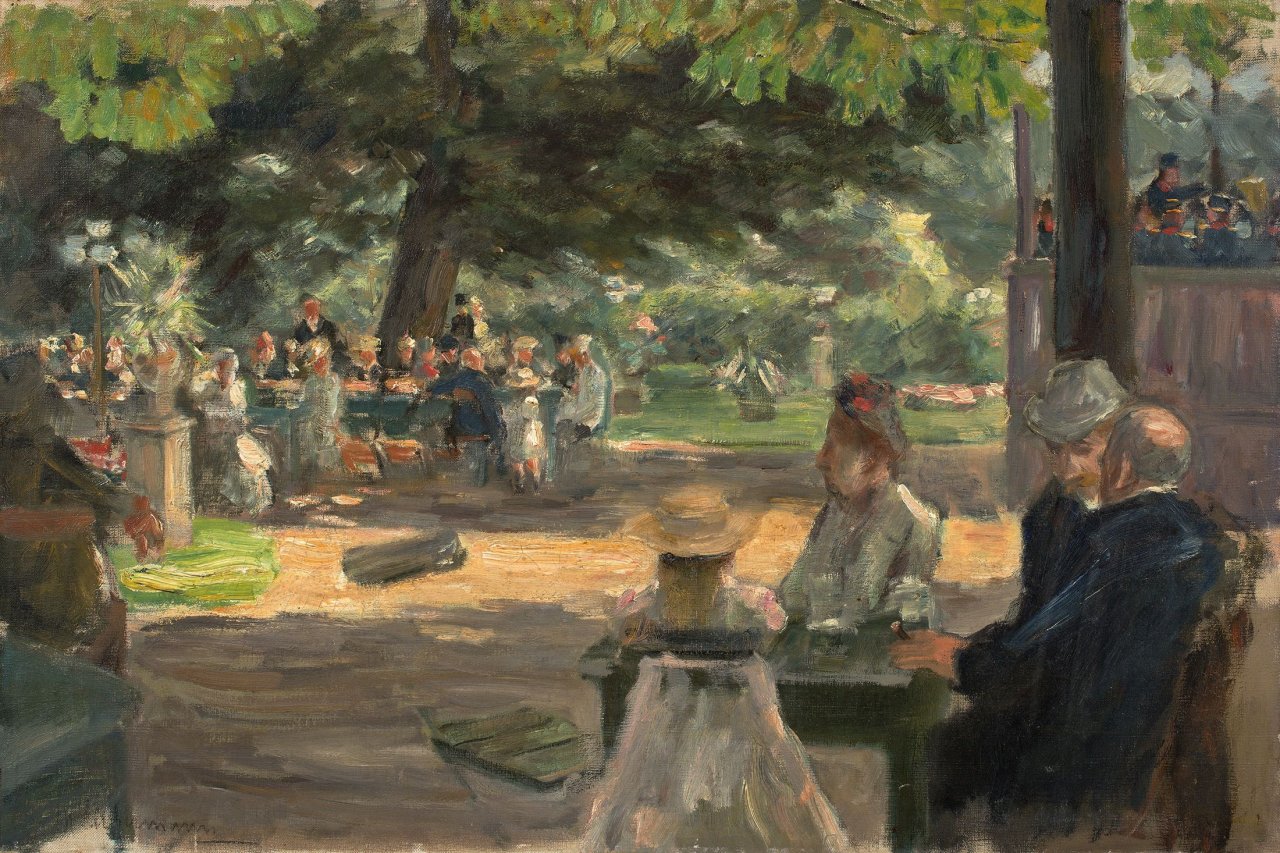 Auf diesem Bild ist das folgende Kunstwerk zu sehen: Max Liebermann. „Studie zum ,Restaurationsgarten in Leiden‘“. 1900.