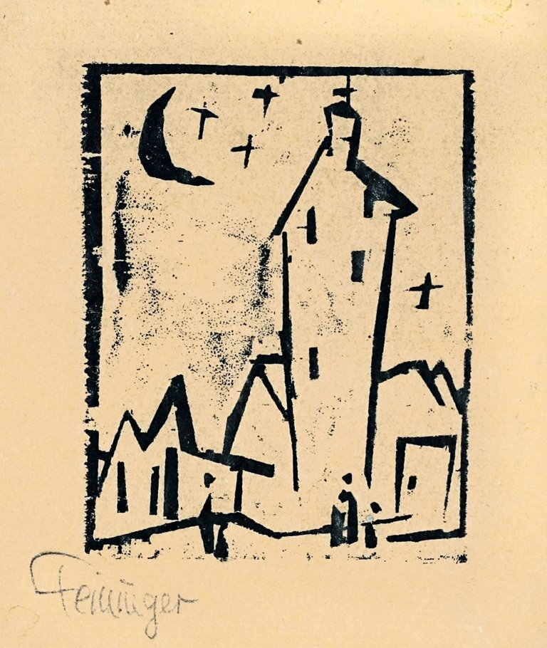 Auf diesem Bild ist das folgende Kunstwerk zu sehen: Lyonel Feininger. „Kirche mit hohem Turm“. 1920.