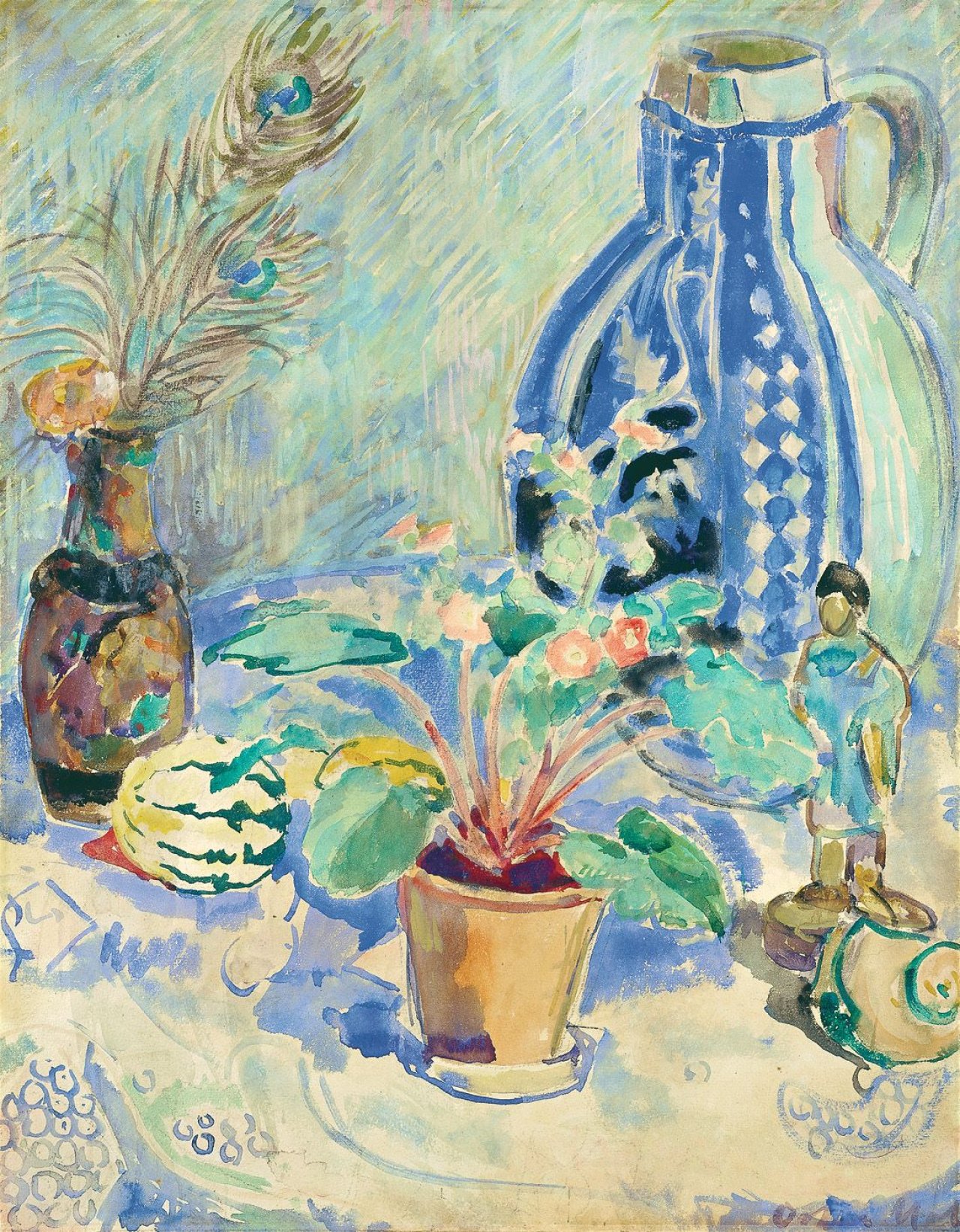 Auf diesem Bild ist das folgende Kunstwerk zu sehen: Oskar Moll. Stilleben mit blau-grauem Krug, Primeltopf und Kürbis.