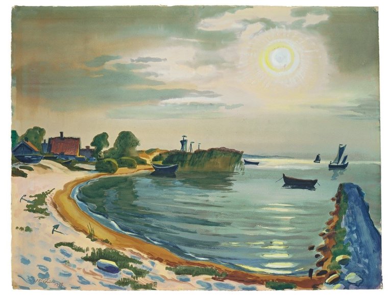 Auf diesem Bild ist das folgende Kunstwerk zu sehen: Max Pechstein. Morgen am Haff (Nidden). 1939.