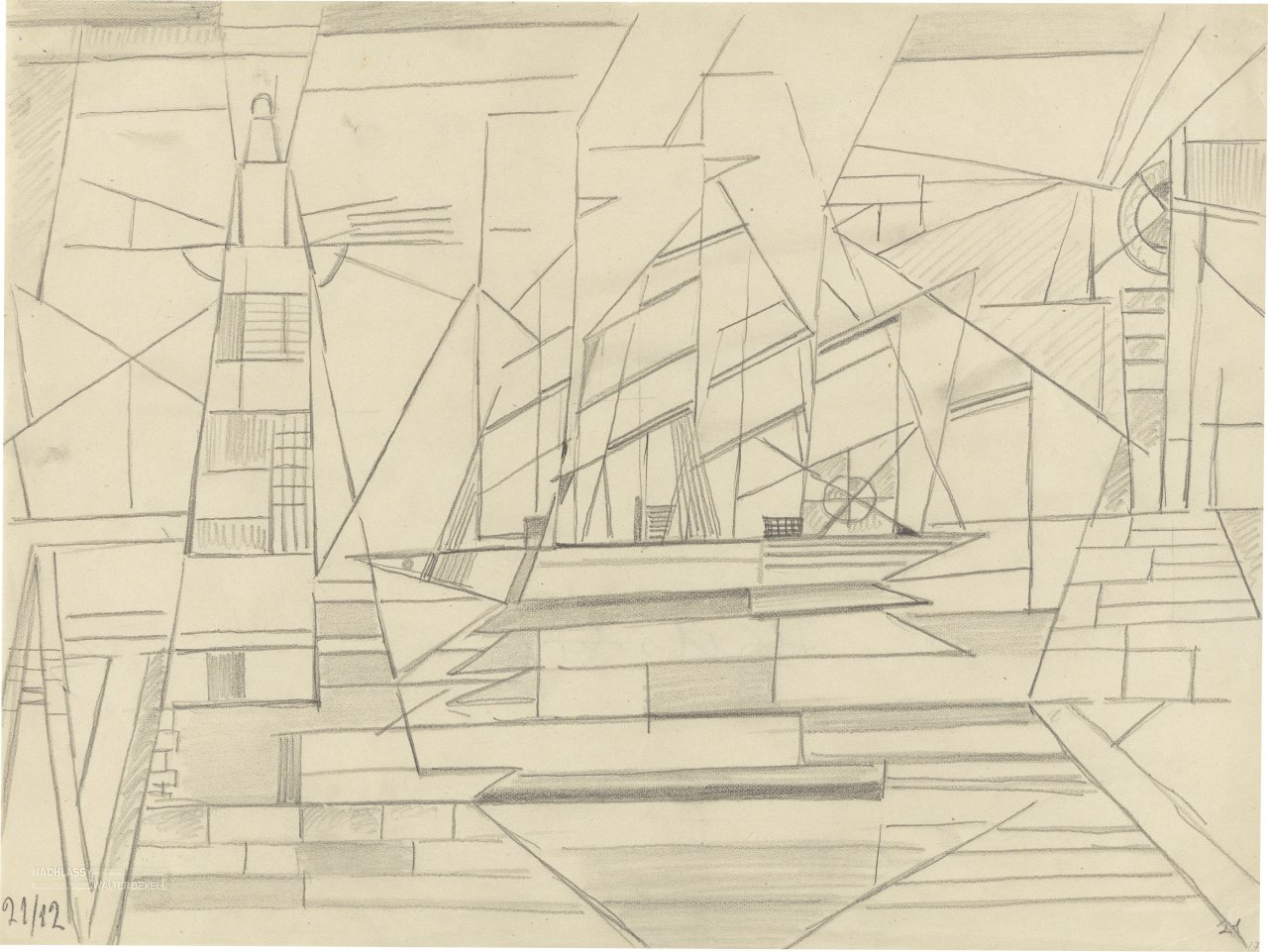 Auf diesem Bild ist das folgende Kunstwerk zu sehen: Walter Dexel. Leuchtturm und Segelschiff. 1912.