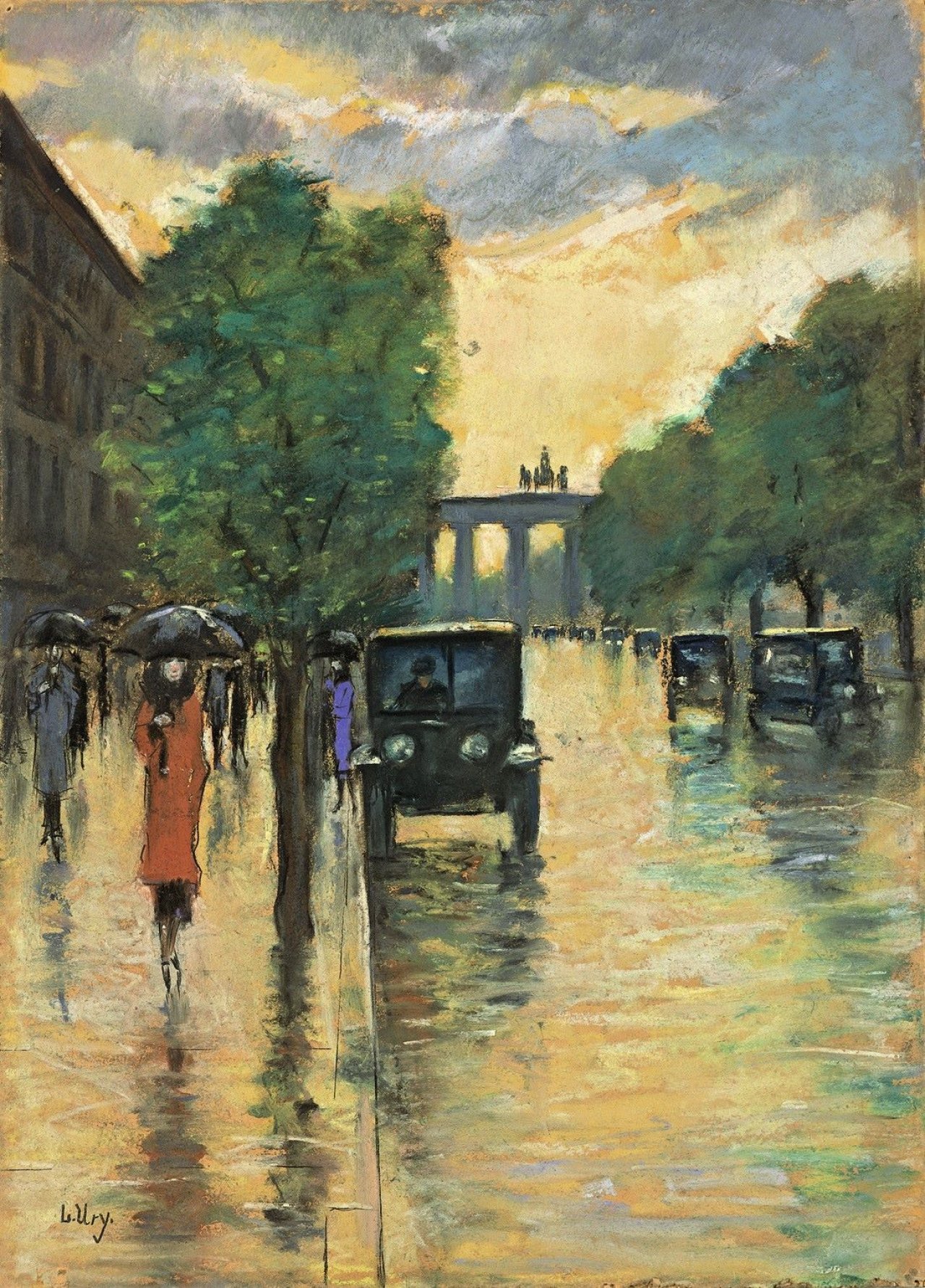 Auf diesem Bild ist das folgende Kunstwerk zu sehen: Lesser Ury. „Unter den Linden mit Blick auf das Brandenburger Tor“. 1920er Jahre.