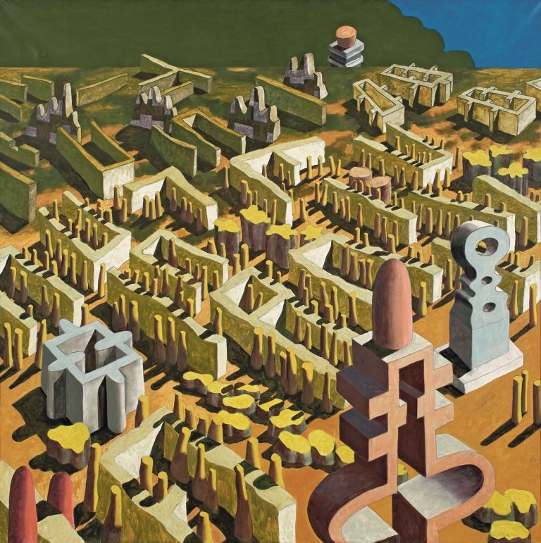 Auf diesem Bild ist das folgende Kunstwerk zu sehen: Ulrich Knispel. „Landschaft mit rosa Feld“. 1974.