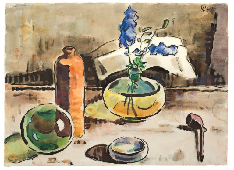 Auf diesem Bild ist das folgende Kunstwerk zu sehen: Karl Schmidt-Rottluff. „Stilleben mit Steinhägerkrug“. 1943.