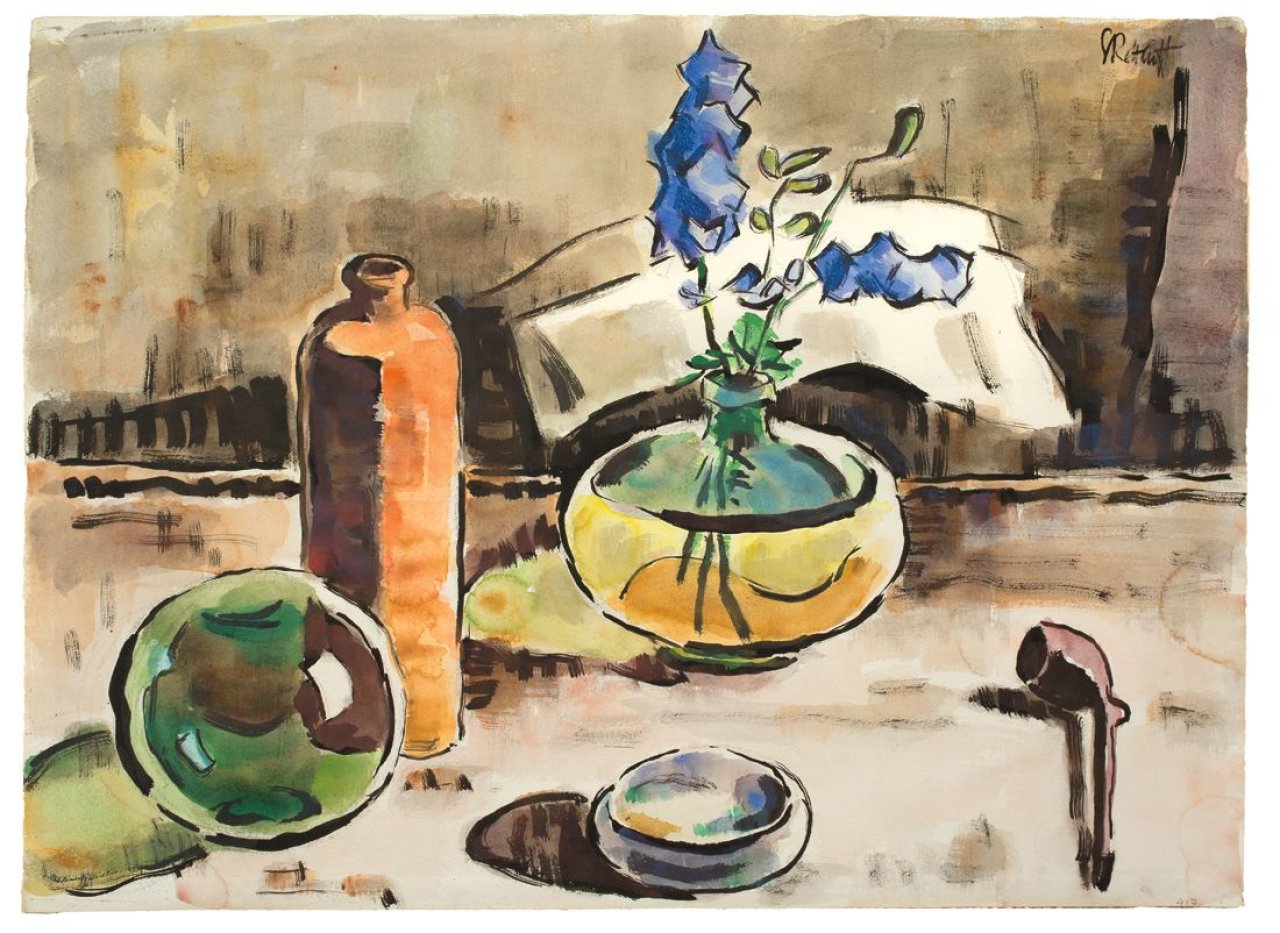 Auf diesem Bild ist das folgende Kunstwerk zu sehen: Karl Schmidt-Rottluff. „Stilleben mit Steinhägerkrug“. 1943.