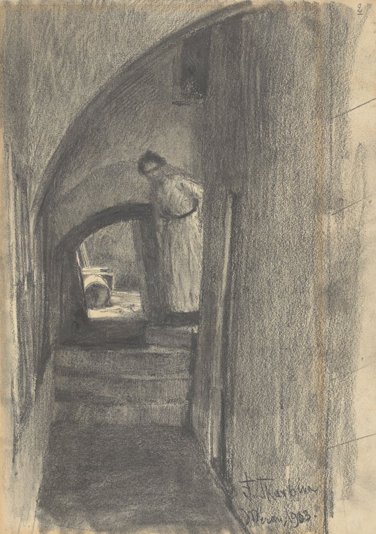 Auf diesem Bild ist das folgende Kunstwerk zu sehen: Franz Skarbina. Frau in einem Treppengewölbe. 1903.