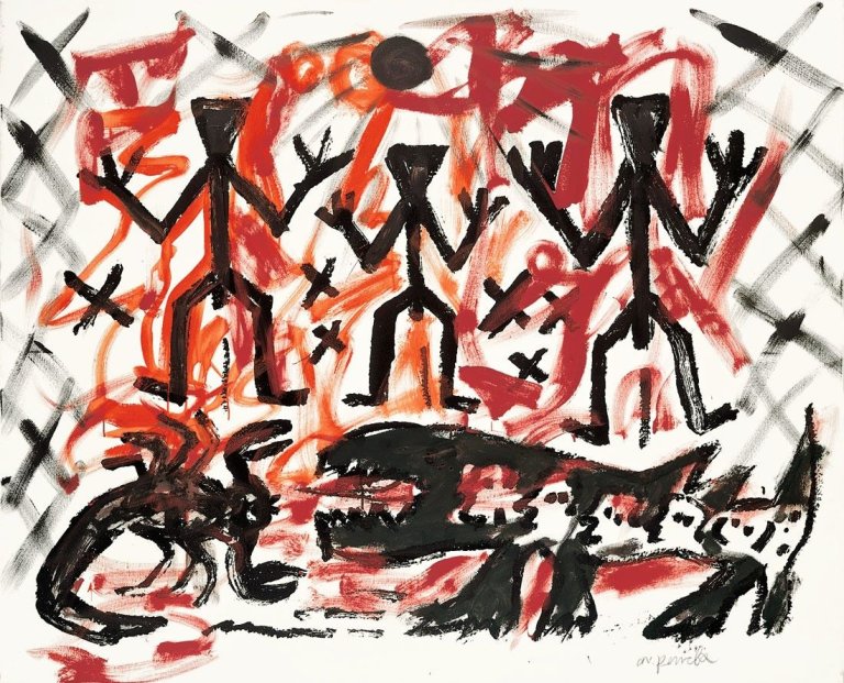 Auf diesem Bild ist das folgende Kunstwerk zu sehen: A.R. Penck. Drei von vielen. 1990.