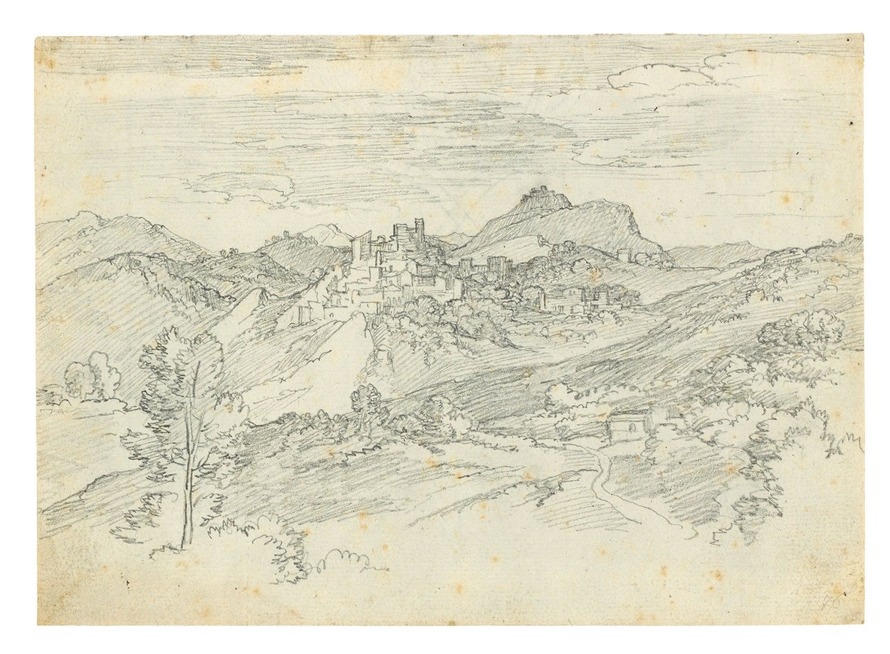 Auf diesem Bild ist das folgende Kunstwerk zu sehen: Joseph Anton Koch. Olevano und Civitella von Süden. 1805.