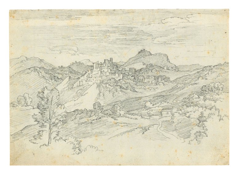 Auf diesem Bild ist das folgende Kunstwerk zu sehen: Joseph Anton Koch. Olevano und Civitella von Süden. 1805.