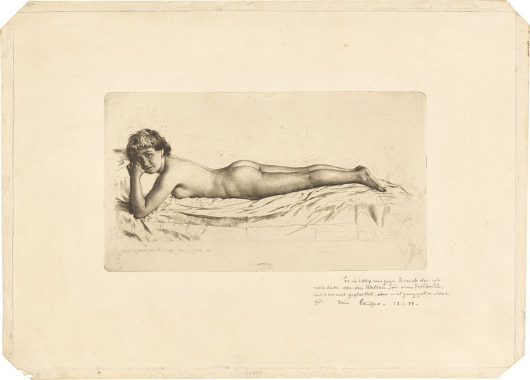 Auf diesem Bild ist das folgende Kunstwerk zu sehen: Karl Stauffer-Bern. „Liegender weiblicher Akt“. 1886.