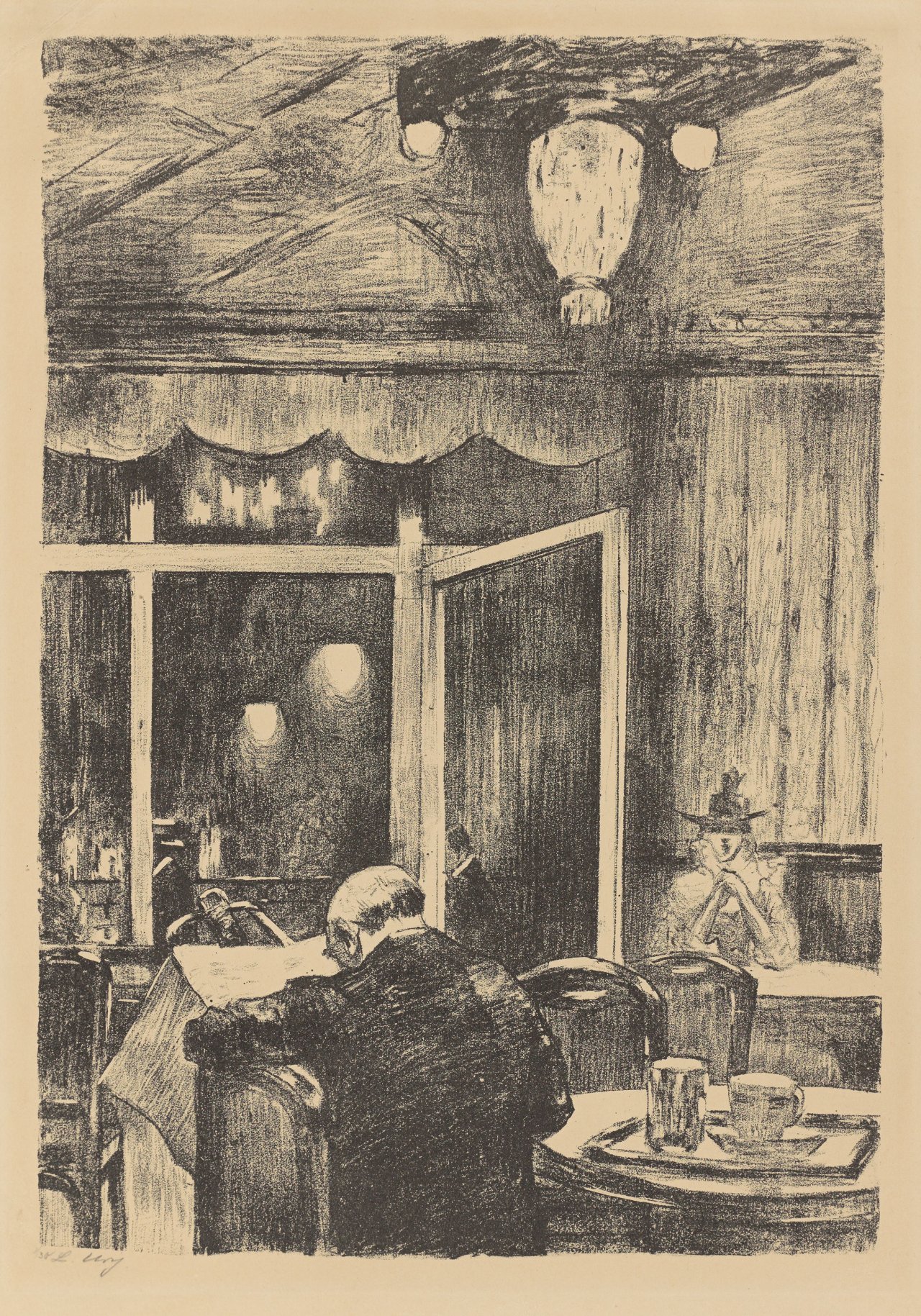 Auf diesem Bild ist das folgende Kunstwerk zu sehen: Lesser Ury. „Abend im Café Bauer in Berlin“. 1919.