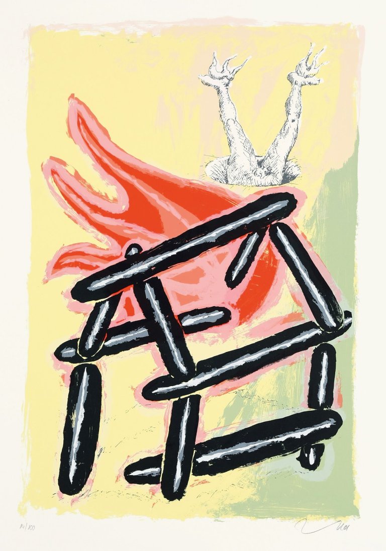 Auf diesem Bild ist das folgende Kunstwerk zu sehen: Jörg Immendorff. „Ohne Titel“ (Das brennende Haus). 2001.