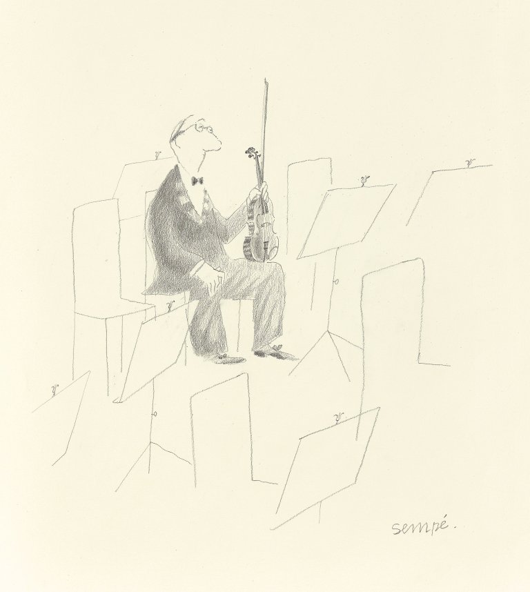 Auf diesem Bild ist das folgende Kunstwerk zu sehen: Jean-Jacques Sempé. Le violiniste (Der Violinist).
