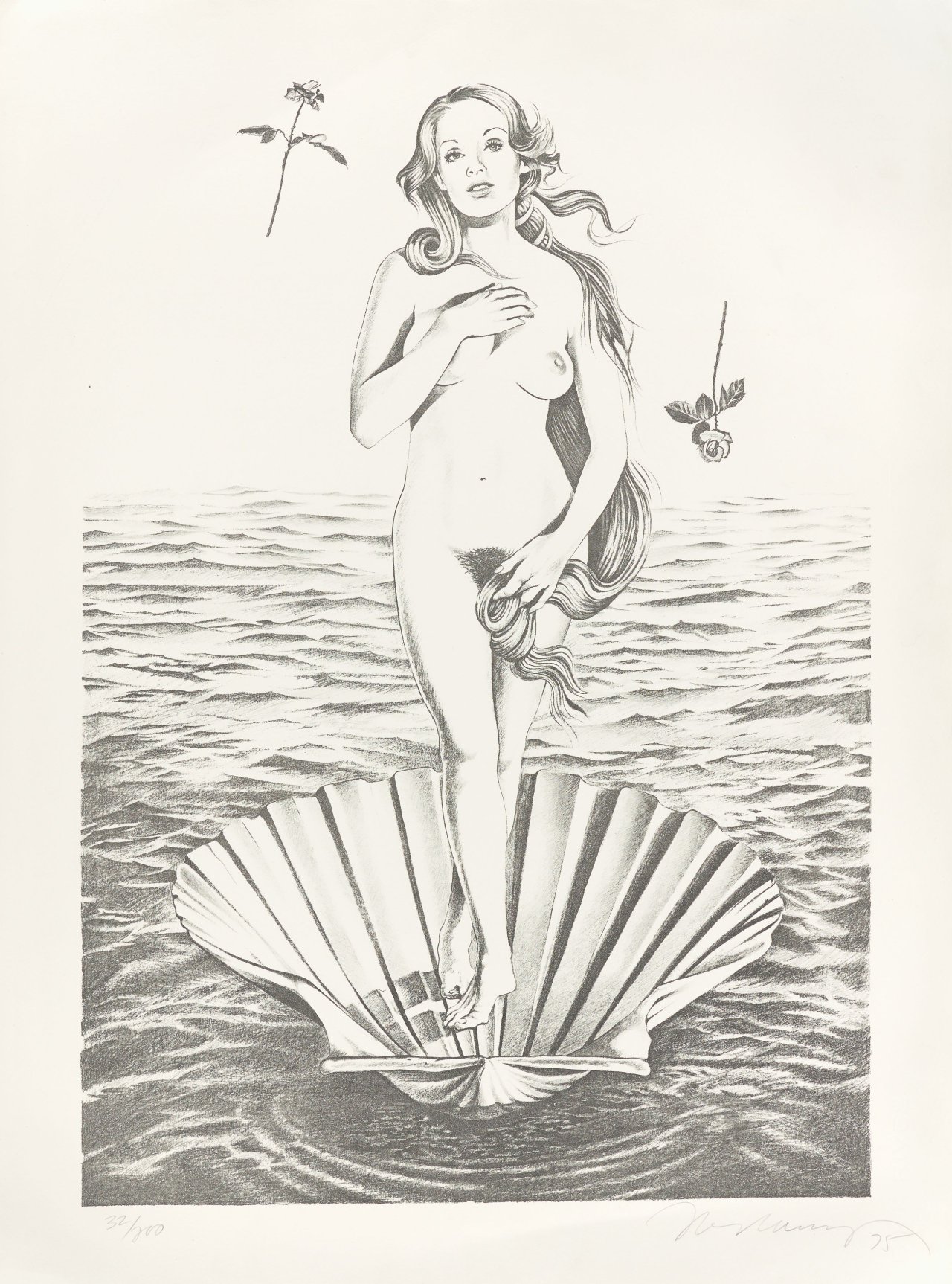 Auf diesem Bild ist das folgende Kunstwerk zu sehen: Mel Ramos. Geburt der Venus (nach Botticelli). 1975.