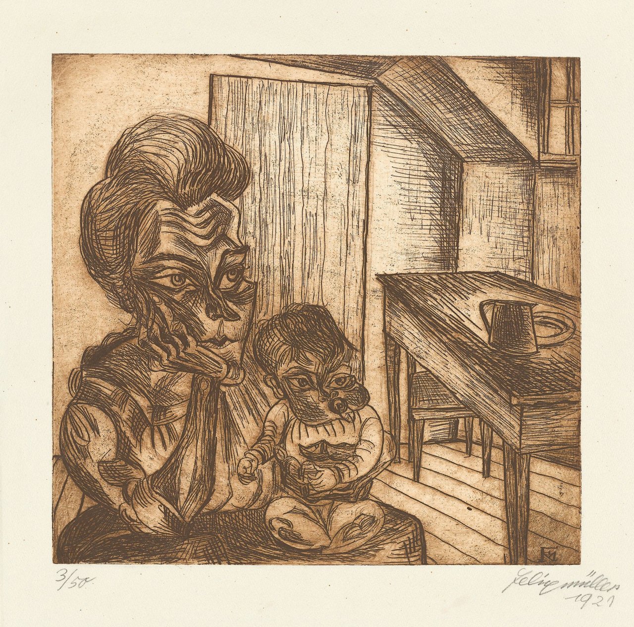 This picture shows the following artwork: Conrad Felixmüller. „Arbeiterfrau mit Kind“. 1921.