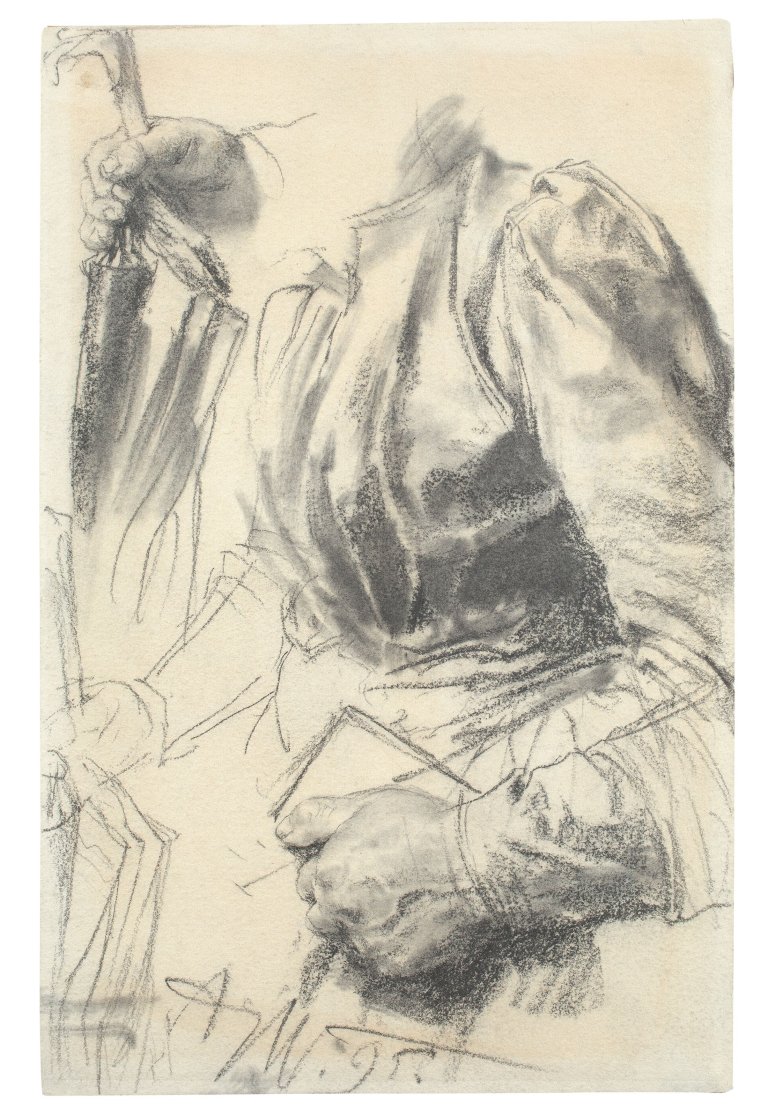 Auf diesem Bild ist das folgende Kunstwerk zu sehen: Adolph Menzel. Studie einer Frau mit Buch und Regenschirm. 1895.