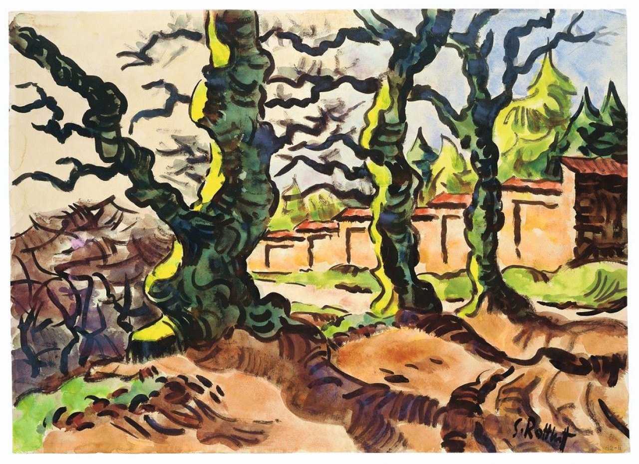 Auf diesem Bild ist das folgende Kunstwerk zu sehen: Karl Schmidt-Rottluff. „Eichen vor Gartenmauer“. 1942.