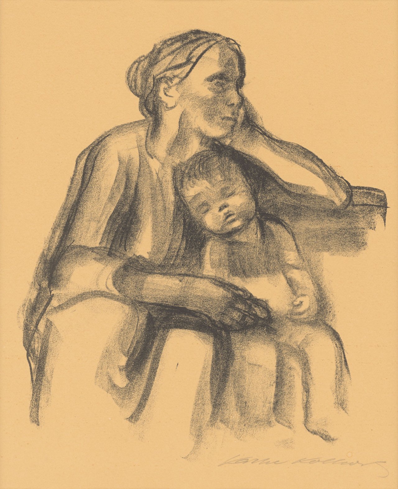 Auf diesem Bild ist das folgende Kunstwerk zu sehen: Käthe Kollwitz. „Arbeiterfrau mit schlafendem Jungen“. 1927.