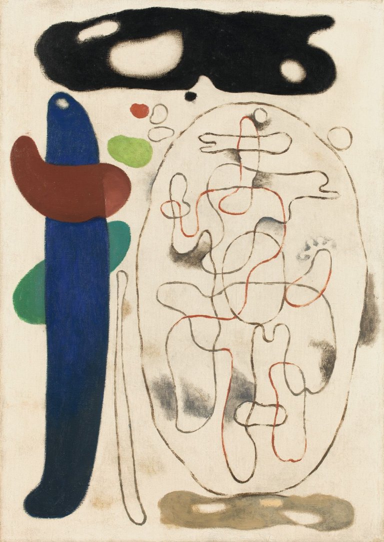 Auf diesem Bild ist das folgende Kunstwerk zu sehen: Willi Baumeister. „Dekomposition“ („Senkrechte mit Linienfigur“). 1938.