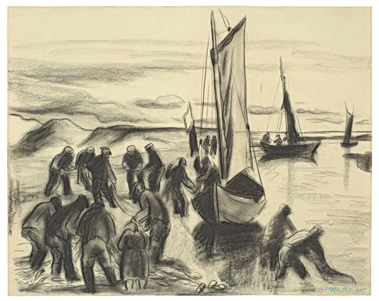 Auf diesem Bild ist das folgende Kunstwerk zu sehen: Max Pechstein. Fischer mit Booten. 1930.