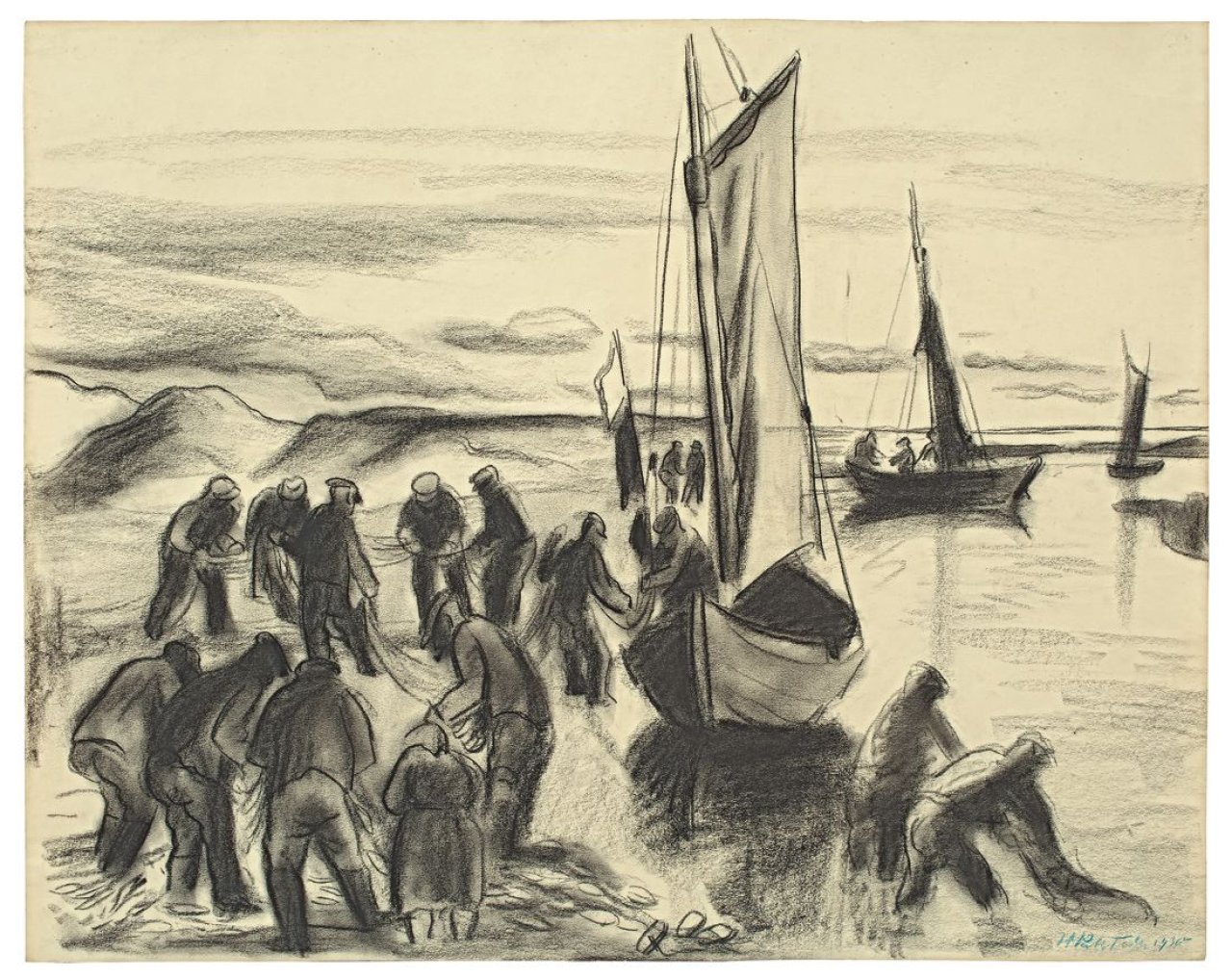 Auf diesem Bild ist das folgende Kunstwerk zu sehen: Max Pechstein. Fischer mit Booten. 1930.