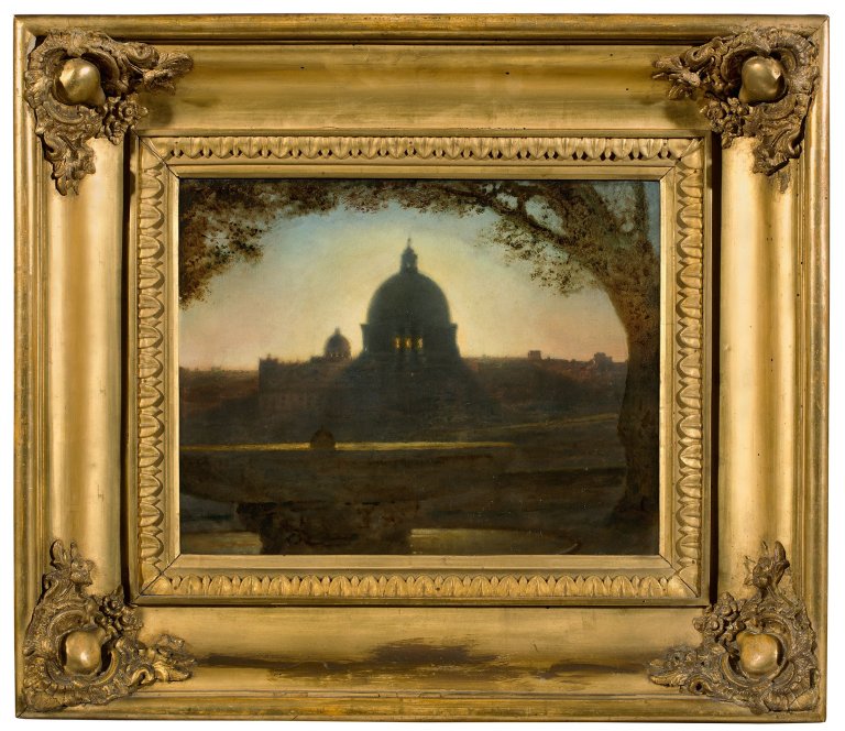 Auf diesem Bild ist das folgende Kunstwerk zu sehen: Maximilian Albert Hauschild. Blick von der Villa Medici auf San Carlo al Corso (Rom).