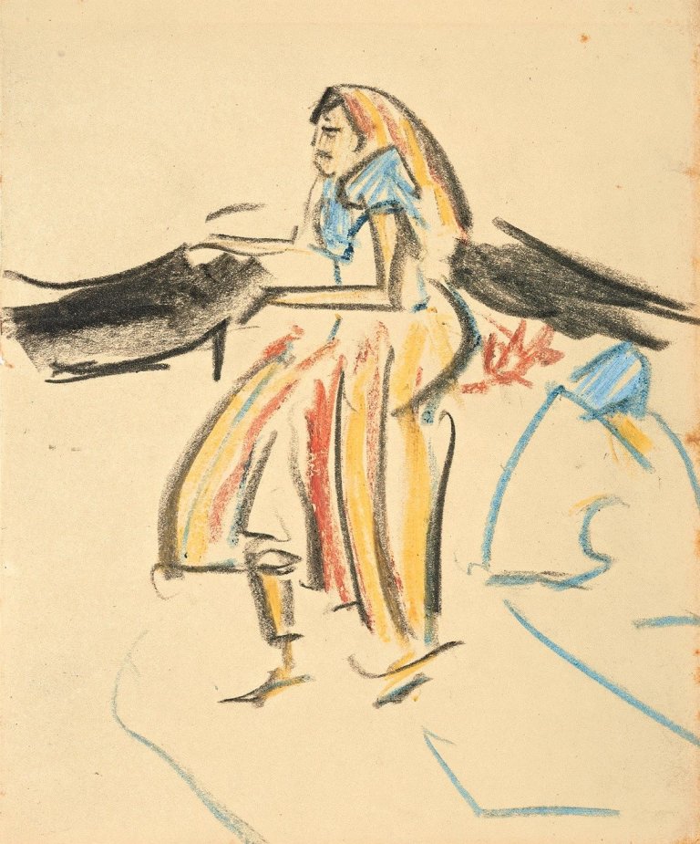 Auf diesem Bild ist das folgende Kunstwerk zu sehen: Ernst Ludwig Kirchner. „Frau im bunten Kleid aus dem Zirkus Schumann“. 1910.