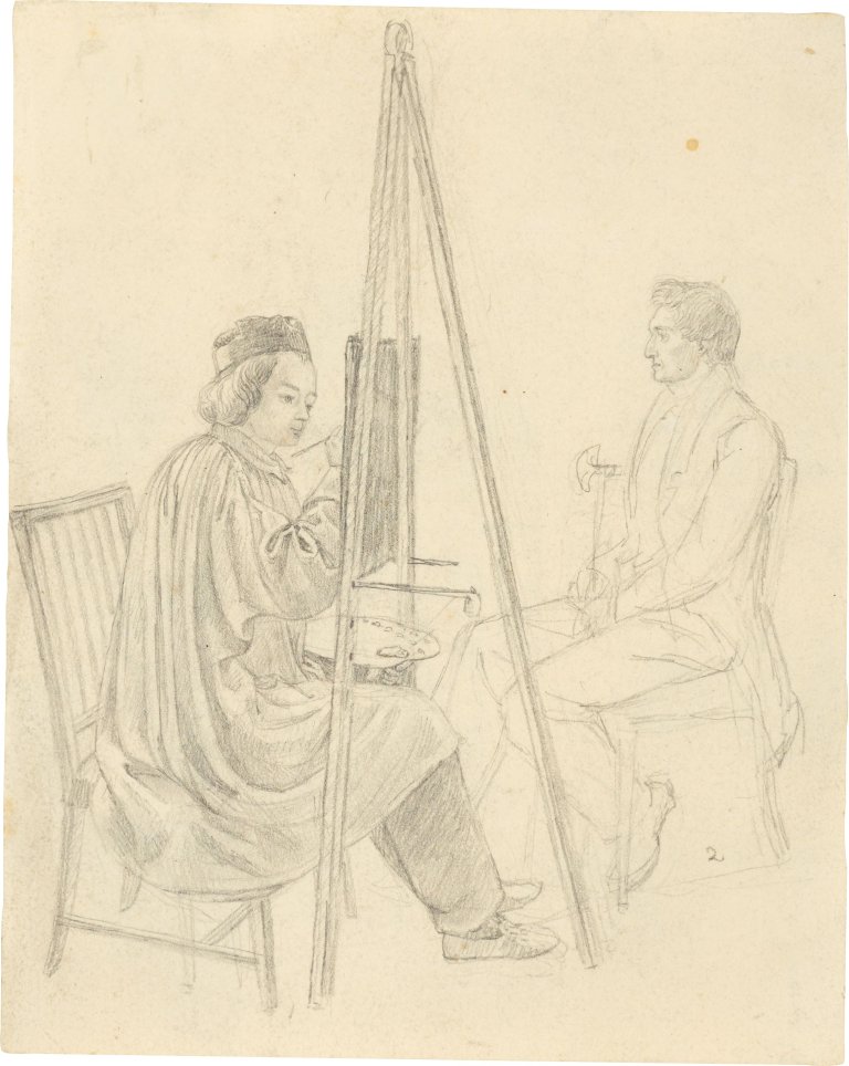 Auf diesem Bild ist das folgende Kunstwerk zu sehen: Carl Julius Milde. „Erwin Speckter malt Ferdinand Mutzenbecher“. Um 1833.