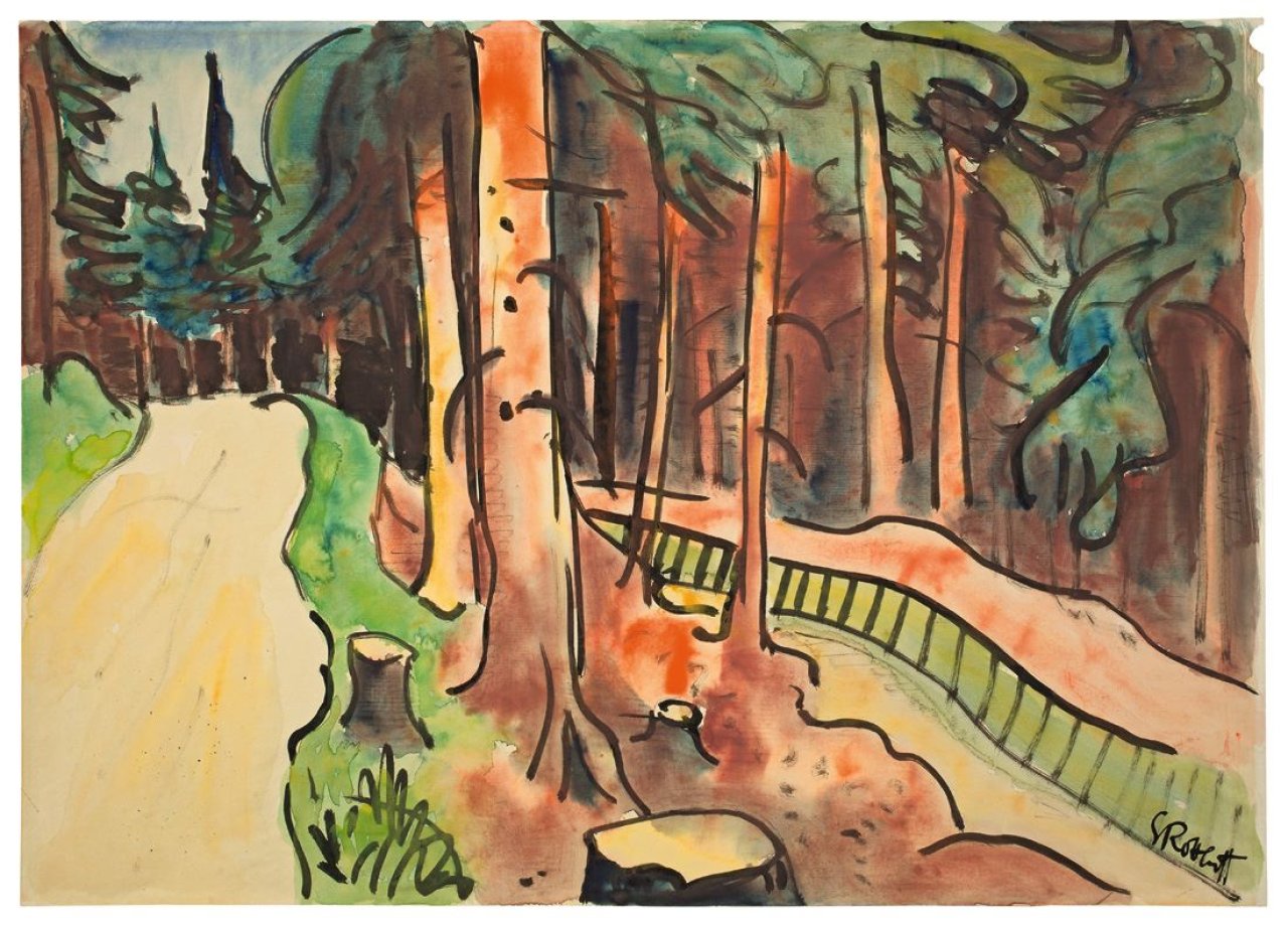 Auf diesem Bild ist das folgende Kunstwerk zu sehen: Karl Schmidt-Rottluff. Waldweg. Um 1930.