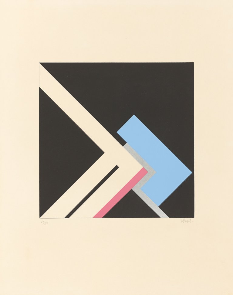 Auf diesem Bild ist das folgende Kunstwerk zu sehen: Walter Dexel. „Figuration in Weiss mit Blauem Haken (Hamburger Fassung)“. 1970.
