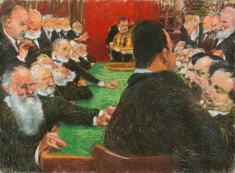 Auf diesem Bild ist das folgende Kunstwerk zu sehen: Johannes Grützke. Am Spieltisch. 2004.