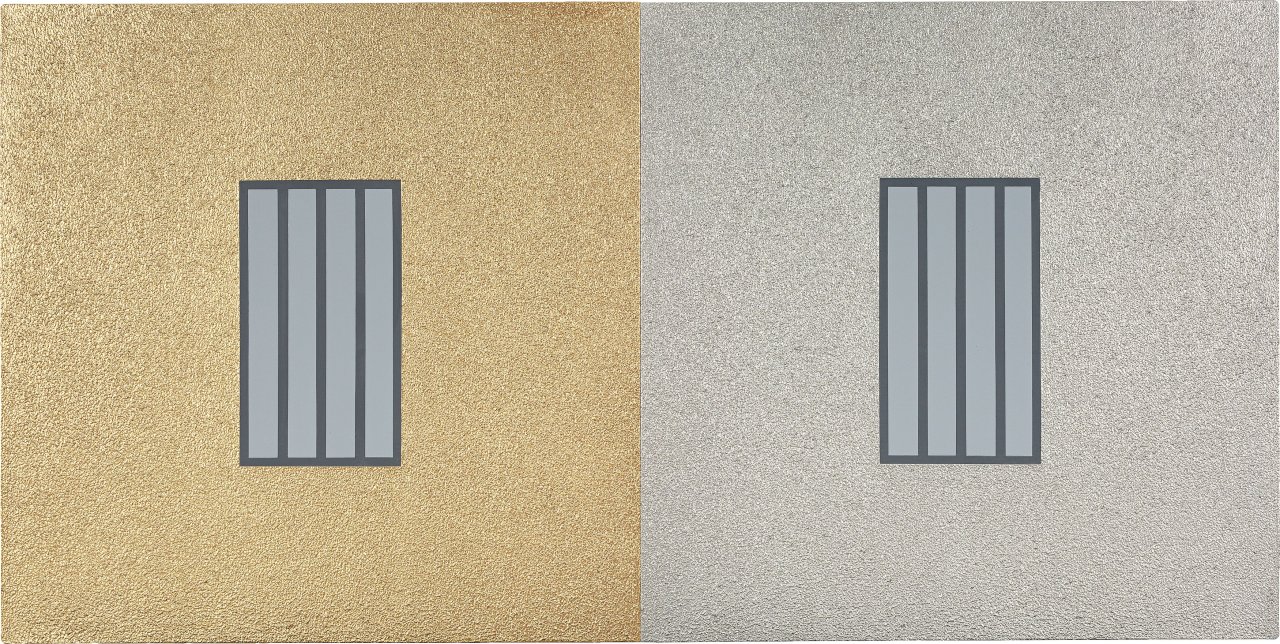 Auf diesem Bild ist das folgende Kunstwerk zu sehen: Peter Halley. „Gold and Silver Prisons“. 1997.