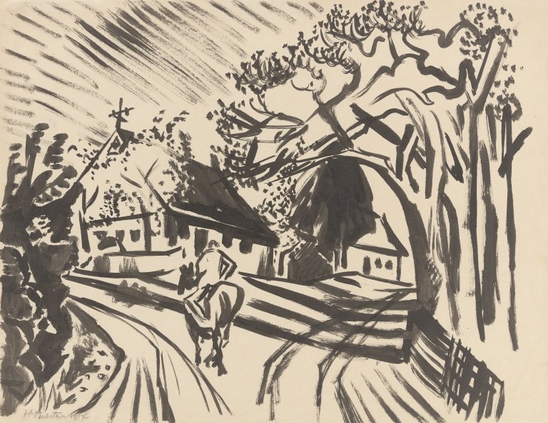 Auf diesem Bild ist das folgende Kunstwerk zu sehen: Max Pechstein. Reiter auf der Dorfstraße. 1917.