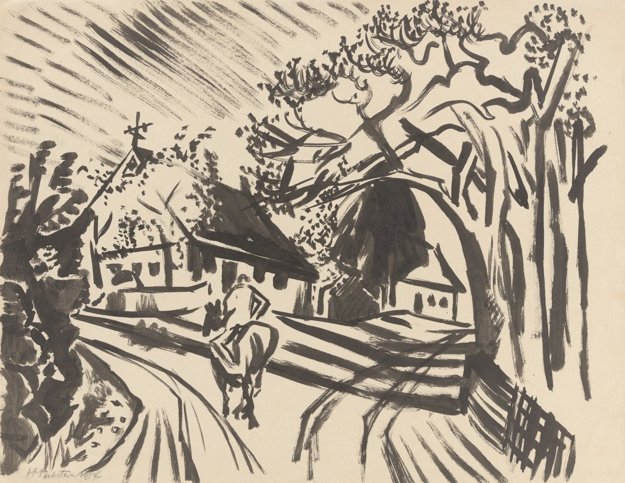 Auf diesem Bild ist das folgende Kunstwerk zu sehen: Max Pechstein. Reiter auf der Dorfstraße. 1917.