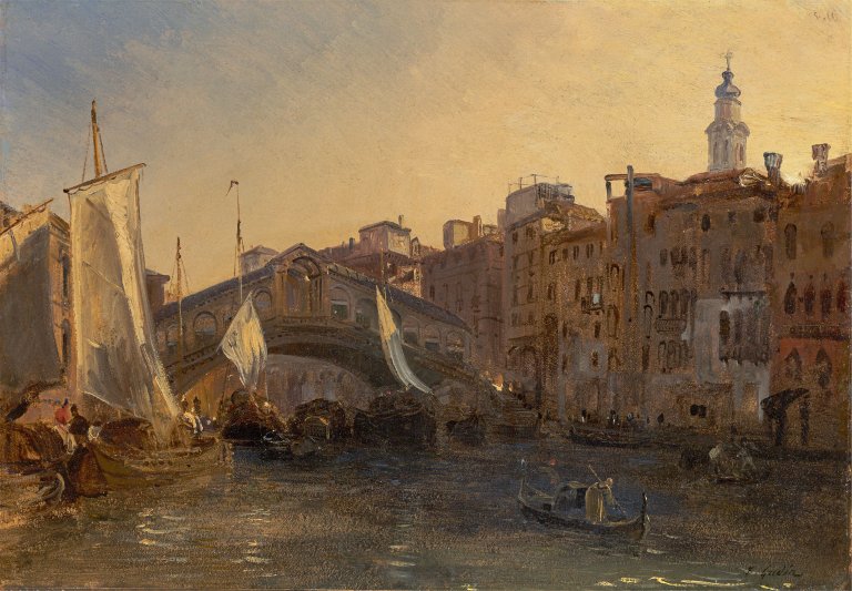 Auf diesem Bild ist das folgende Kunstwerk zu sehen: Théodore Gudin. Die Rialtobrücke in Venedig.