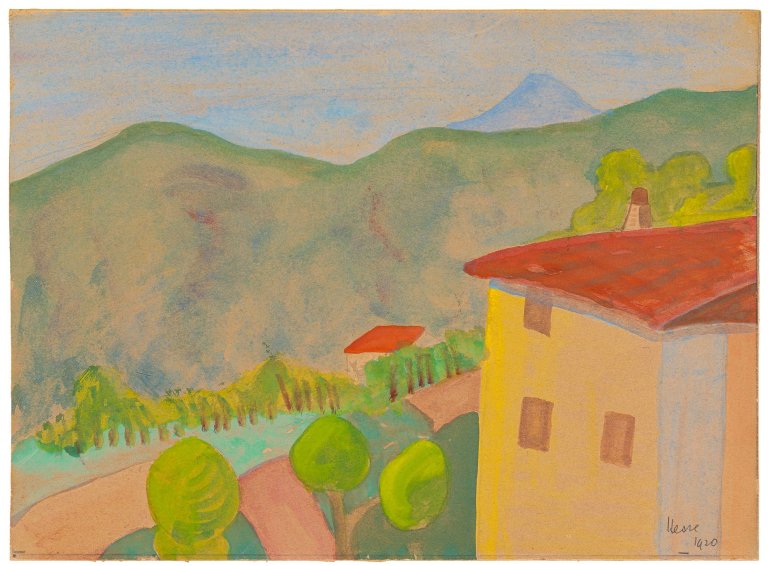 Auf diesem Bild ist das folgende Kunstwerk zu sehen: Hermann Hesse. Tessiner Landschaft (Haus vor Berglandschaft). 1920.