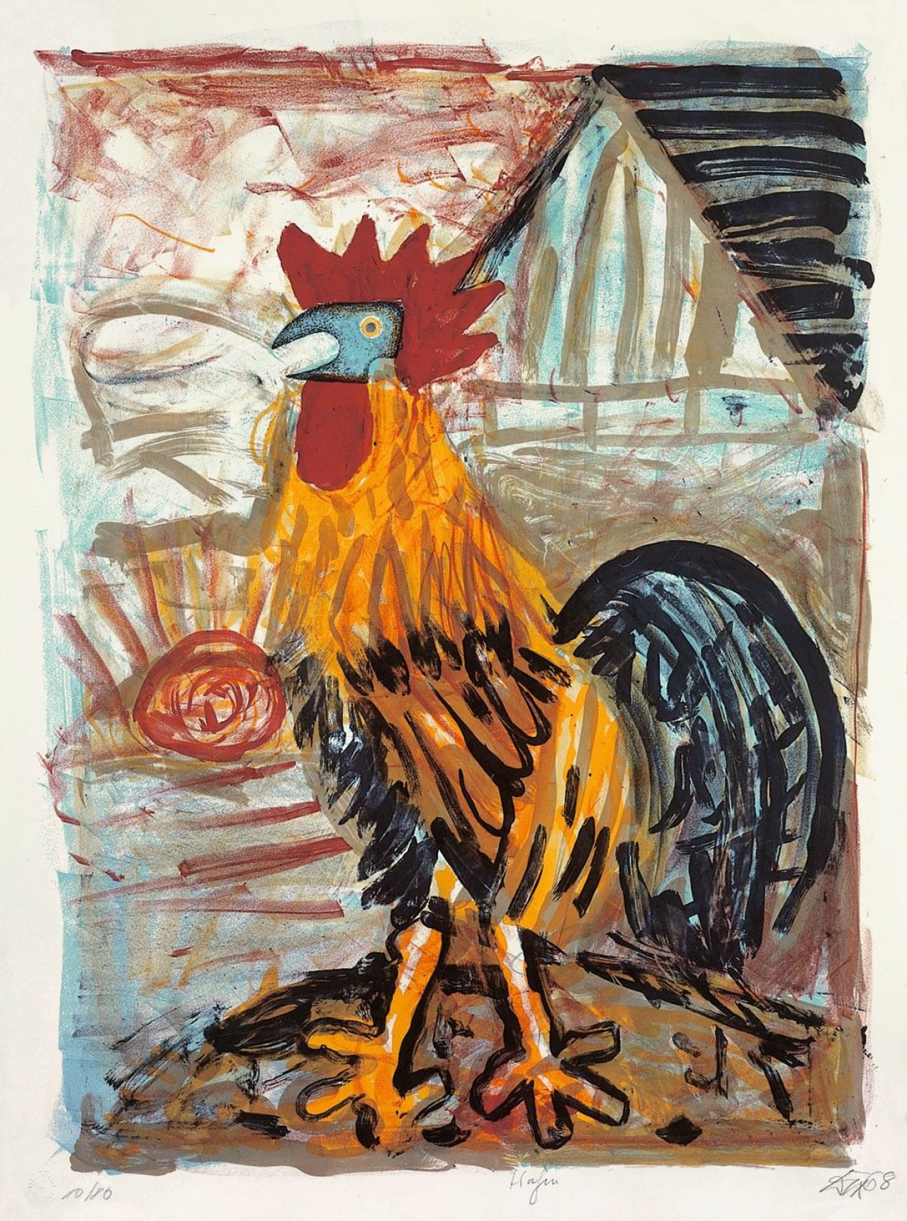 Auf diesem Bild ist das folgende Kunstwerk zu sehen: Otto Dix. „Hahn (vor der Scheune)“. 1968.