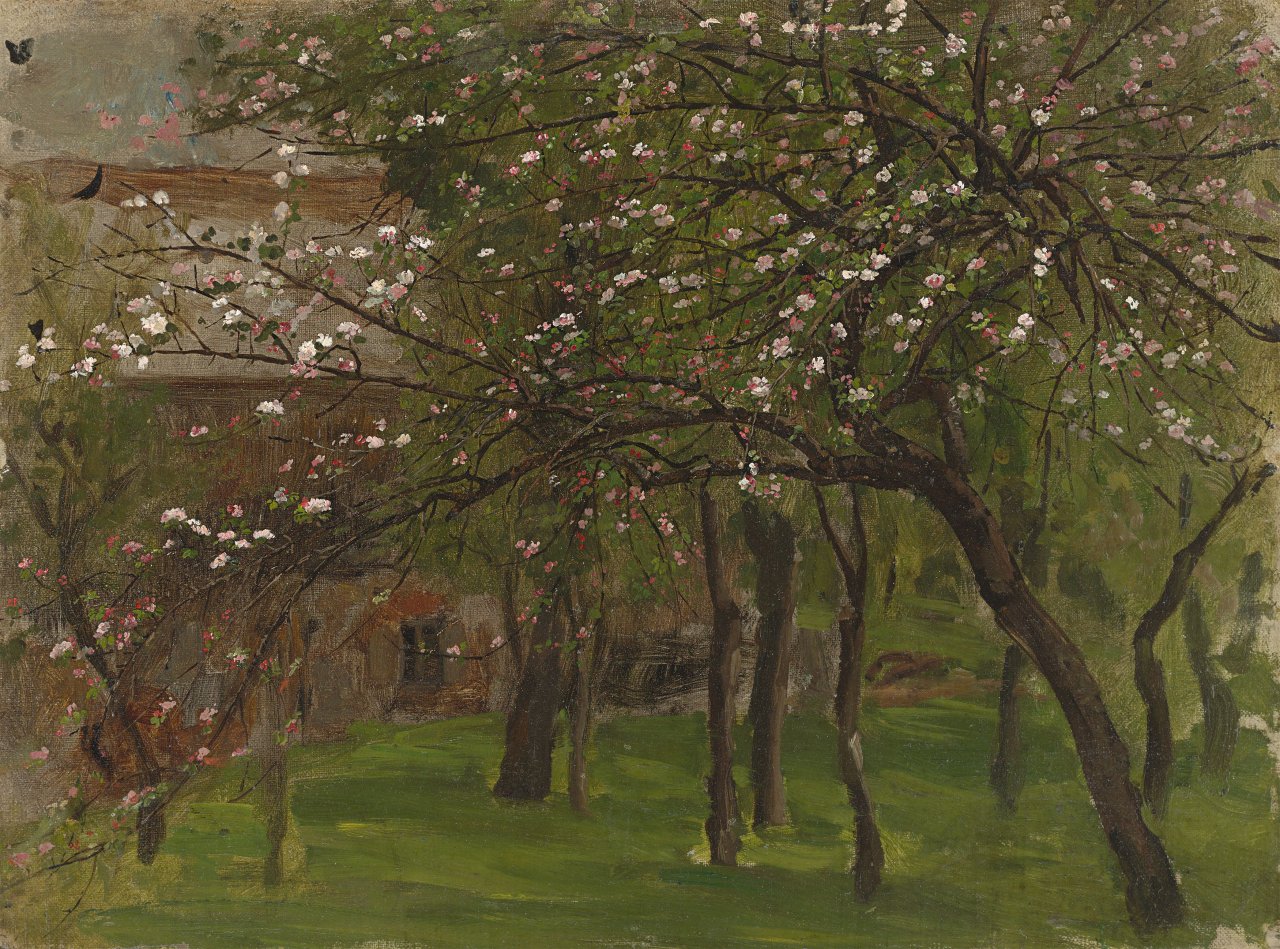 Auf diesem Bild ist das folgende Kunstwerk zu sehen: Johann Sperl. Blühende Obstbäume. (Vor) 1884.