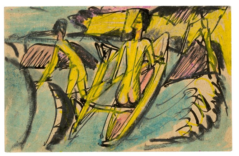Auf diesem Bild ist das folgende Kunstwerk zu sehen: Ernst Ludwig Kirchner. Badende mit Einbaum am Strand von Fehmarn. 1914.