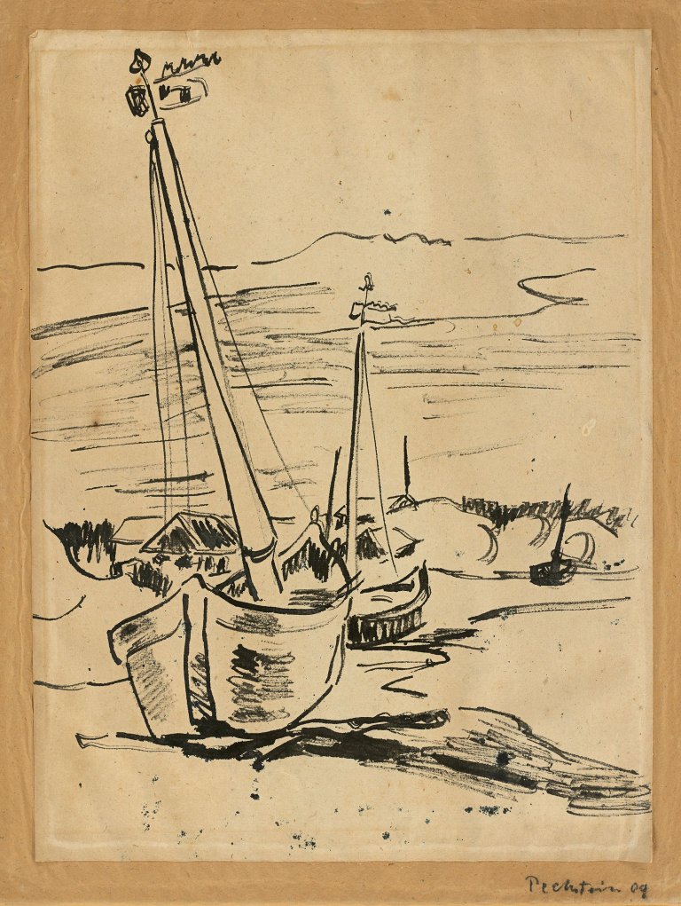 Auf diesem Bild ist das folgende Kunstwerk zu sehen: Max Pechstein. Boote am Ufer. 1909.