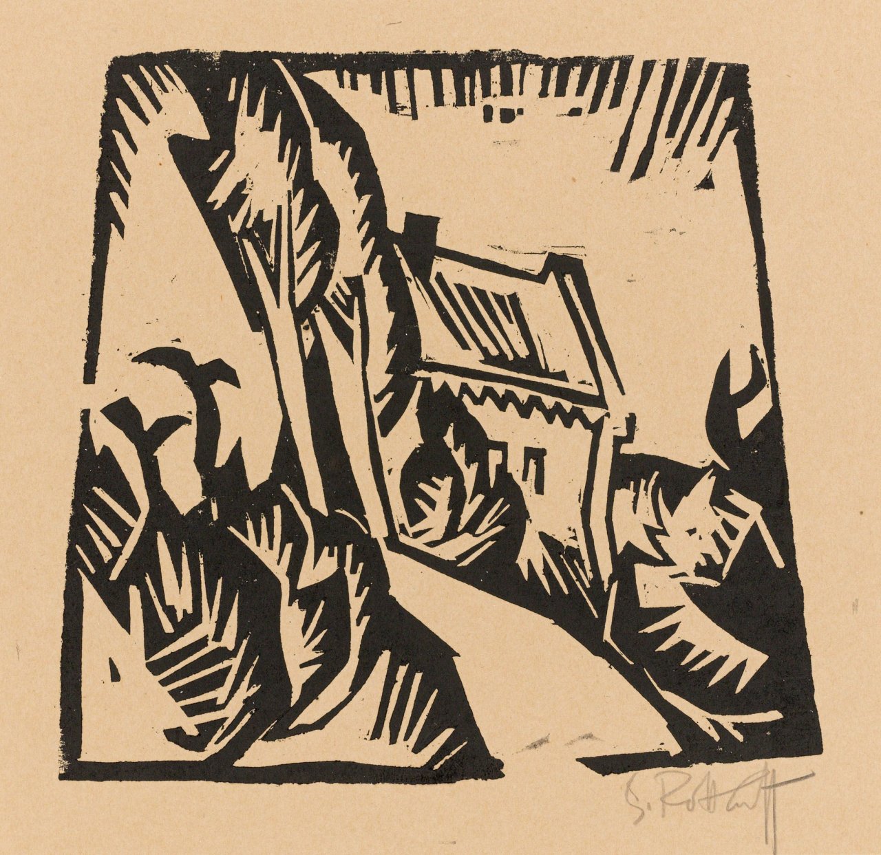 Auf diesem Bild ist das folgende Kunstwerk zu sehen: Karl Schmidt-Rottluff. „Haus mit Pappeln“. 1913.