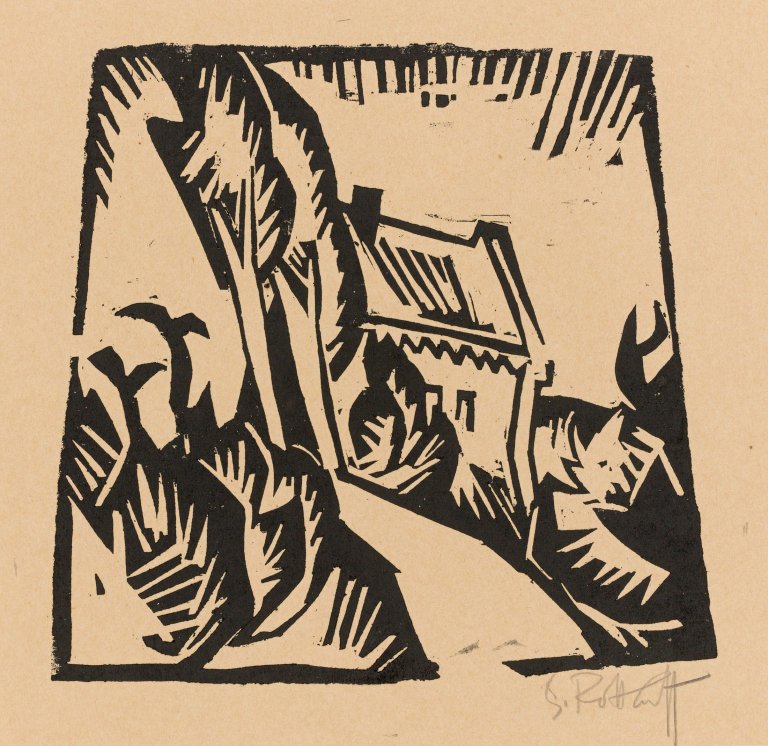 Auf diesem Bild ist das folgende Kunstwerk zu sehen: Karl Schmidt-Rottluff. „Haus mit Pappeln“. 1913.